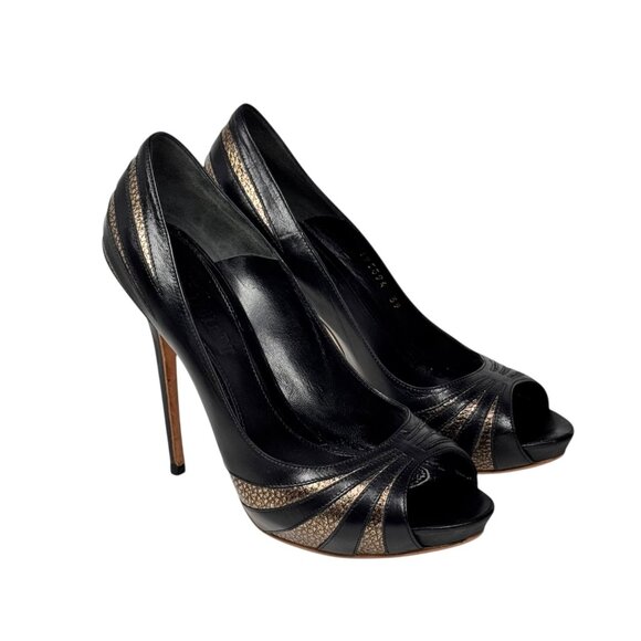 ALEXANDER McQUEEN Peep Toe Platform Heels Sz 9 Black Leather Pumps Glam Luxury - Picture 2 of 15